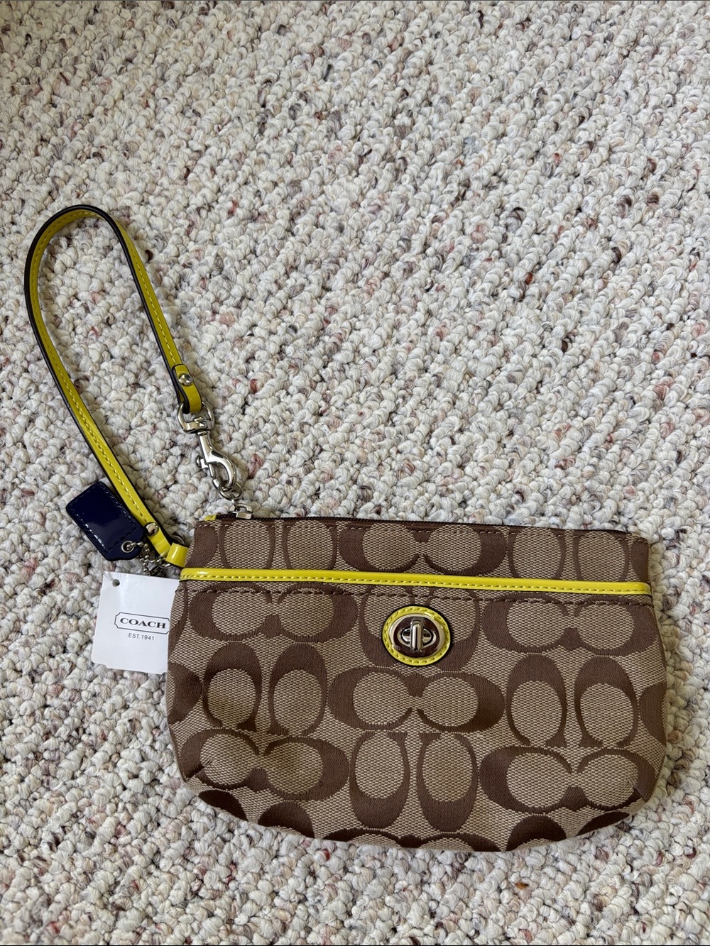 Coach Brown Signature Canvas Wristlet with Yellow Trim